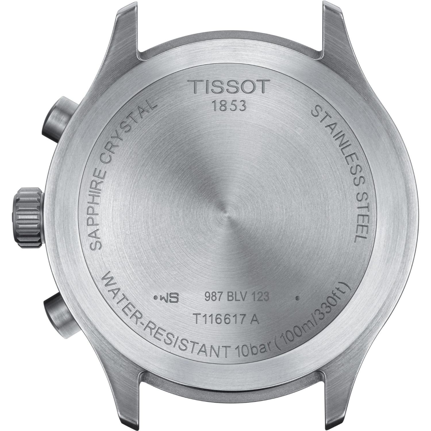 Tissot T116.617.16.062.00 stainless steel caseback with engraved branding, specifications and water resistance markings.