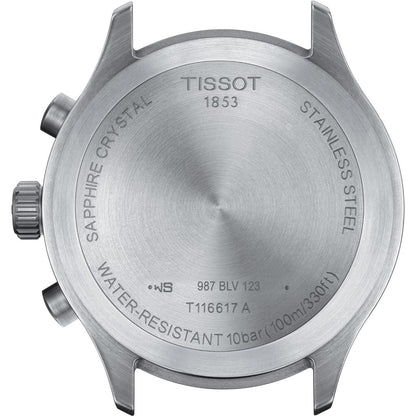 Tissot T116.617.16.062.00 stainless steel caseback with engraved branding, specifications and water resistance markings.