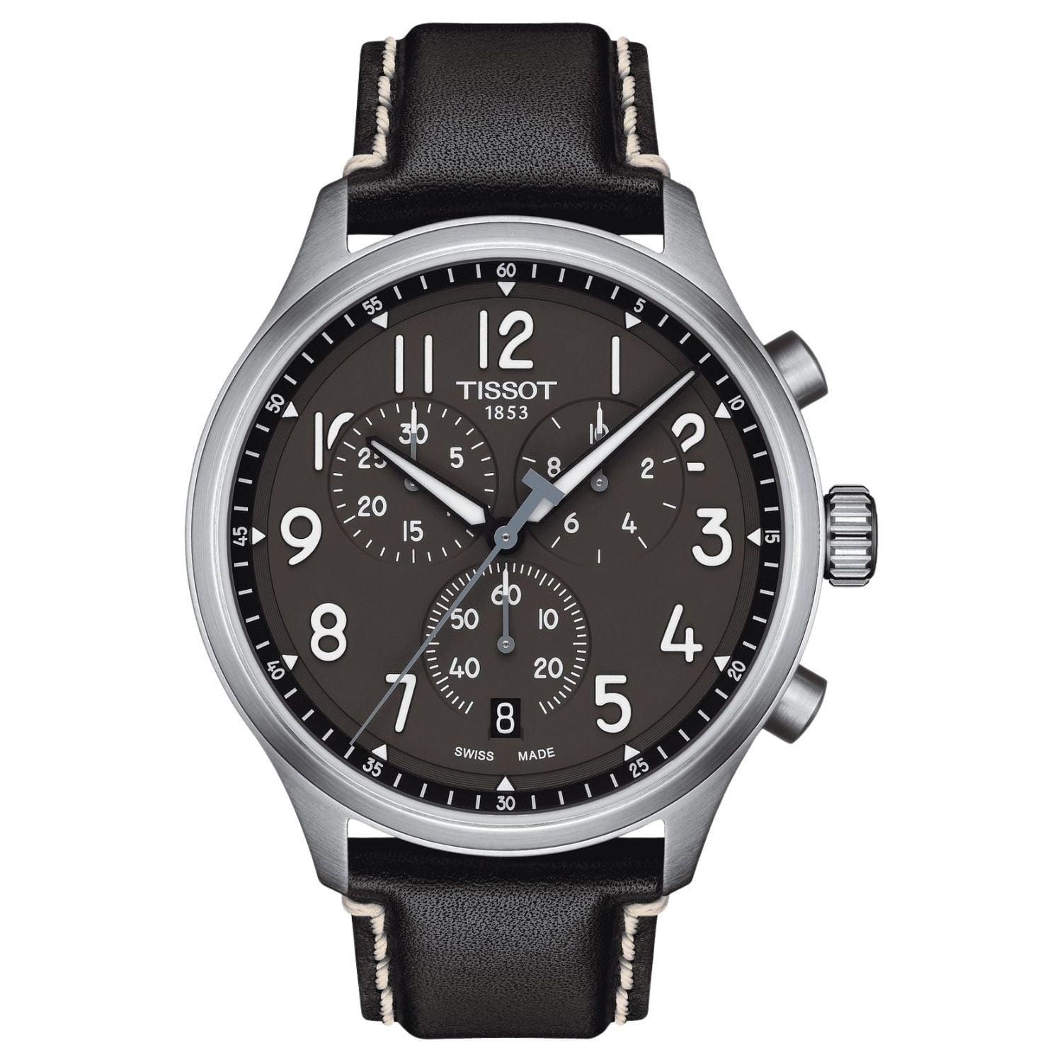 Tissot T116.617.16.062.00 chronograph watch with black dial, subdials, stainless steel case and black leather strap with contrast stitching.