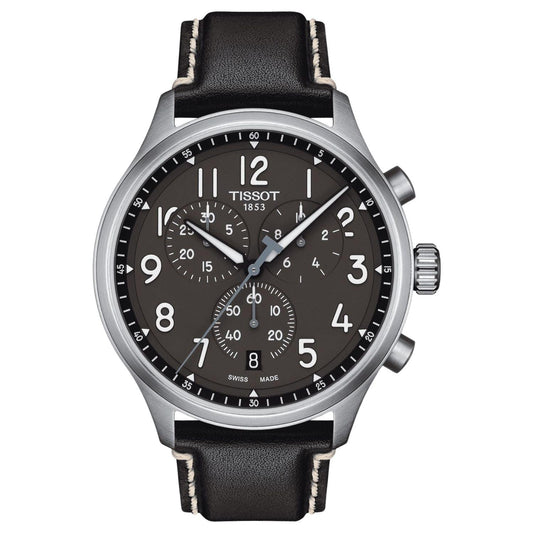 Tissot T116.617.16.062.00 chronograph watch with black dial, subdials, stainless steel case and black leather strap with contrast stitching.