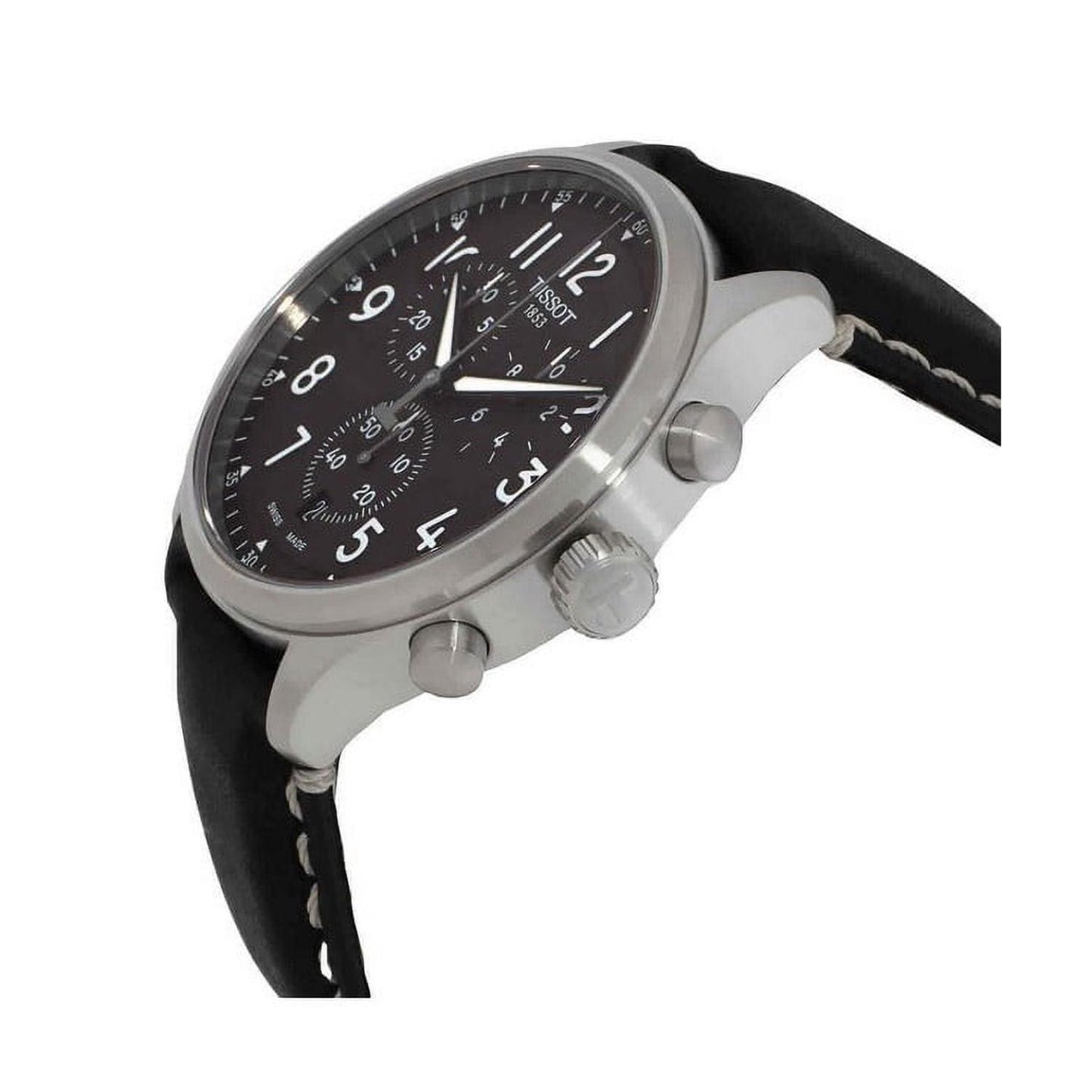 Tissot T116.617.16.062.00 side profile with stainless steel case, crown, pushers and black leather strap.