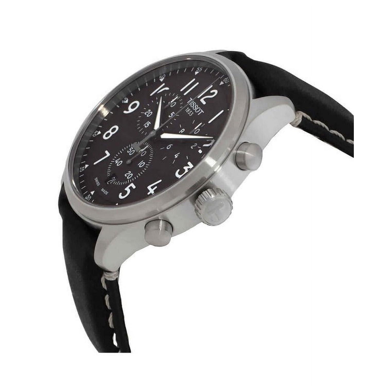 Tissot T116.617.16.062.00 side profile with stainless steel case, crown, pushers and black leather strap.