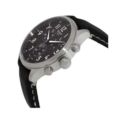 Tissot T116.617.16.062.00 side profile with stainless steel case, crown, pushers and black leather strap.