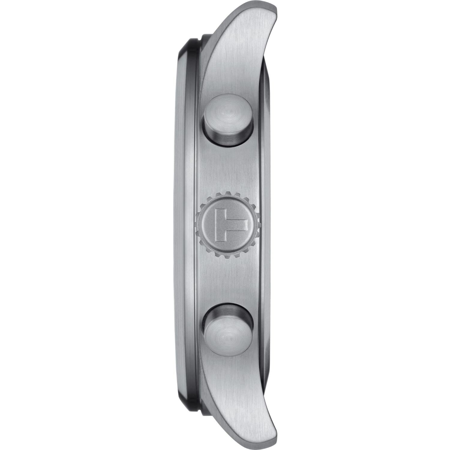 Tissot T116.617.16.062.00 side view showing stainless steel case, crown with logo and chronograph pushers.