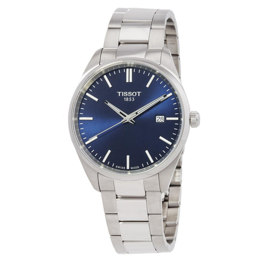 Tissot T127.410.11.041.00 men’s watch with a blue sunray dial, silver-tone hour markers, date window at 3 o’clock, and matching metal bracelet.