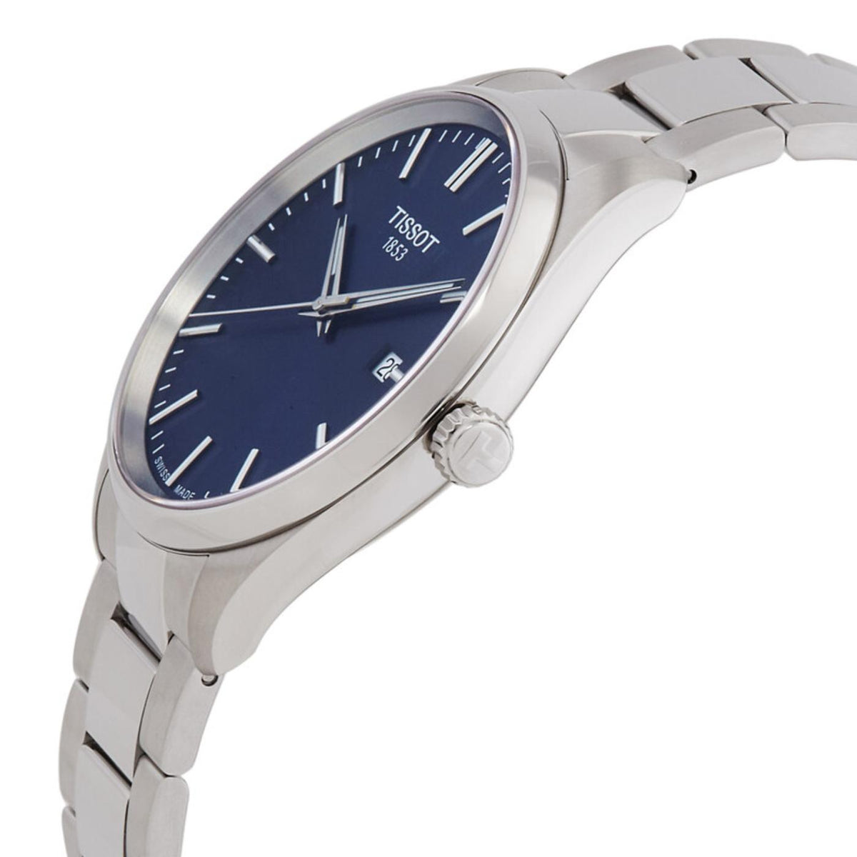 Tissot T127.410.11.041.00 men’s watch in side profile with blue dial, polished silver-tone case, crown at 3 o’clock, and metal bracelet.