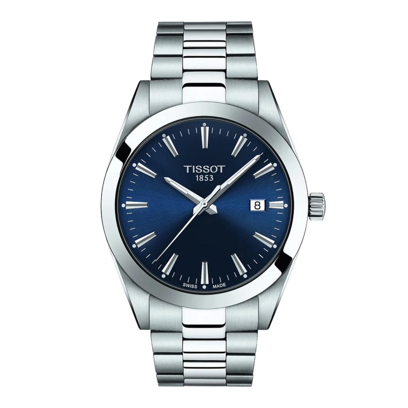 Tissot T127.410.11.041.00 quartz watch with blue dial, date display, stainless steel case and stainless steel bracelet.