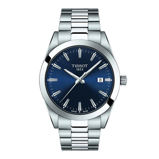 Tissot T127.410.11.041.00 quartz watch with blue dial, date display, stainless steel case and stainless steel bracelet.
