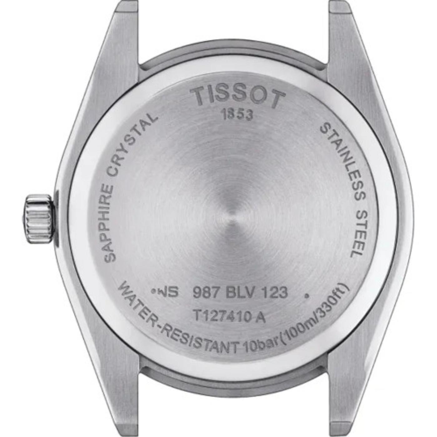 Tissot T127.410.11.041.00 stainless steel caseback with engraved branding, specifications and water resistance markings.