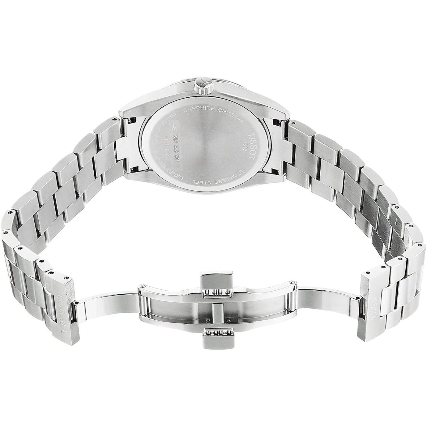 Tissot T127.410.11.041.00 with stainless steel caseback, stainless steel bracelet and deployant clasp detail.