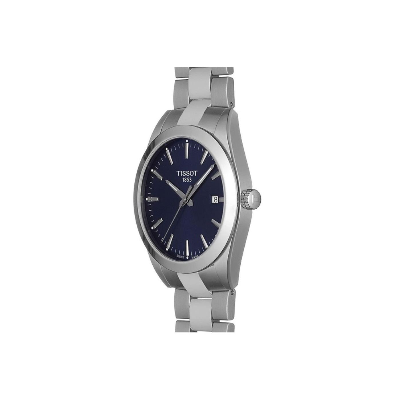 Tissot T127.410.11.041.00 side profile with stainless steel case, crown and blue dial.