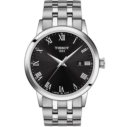 Tissot T129.410.11.053.00 quartz watch with black dial, Roman numerals, date display and stainless steel bracelet.