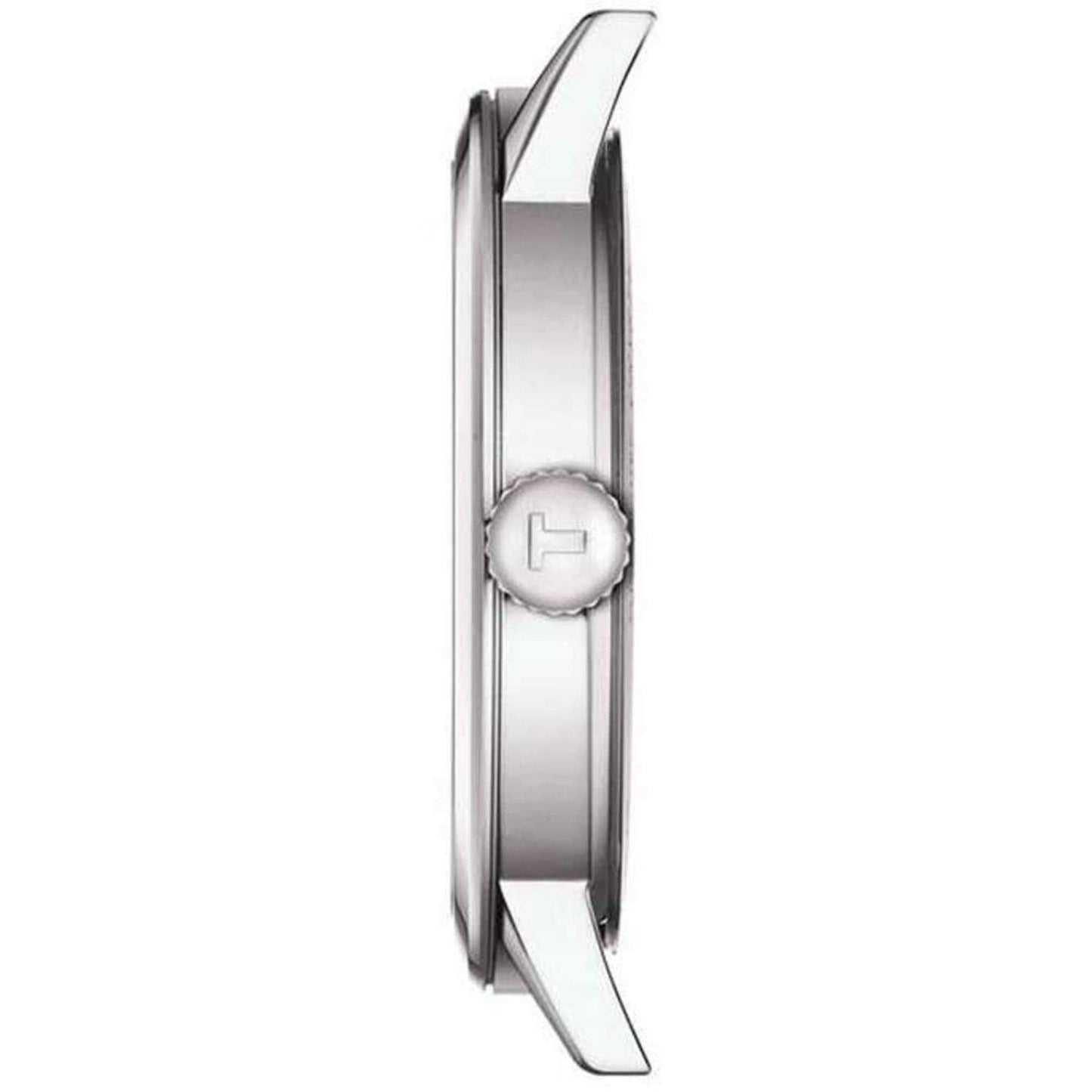 Tissot T129.410.11.053.00 side profile showing stainless steel case and signed crown detail.