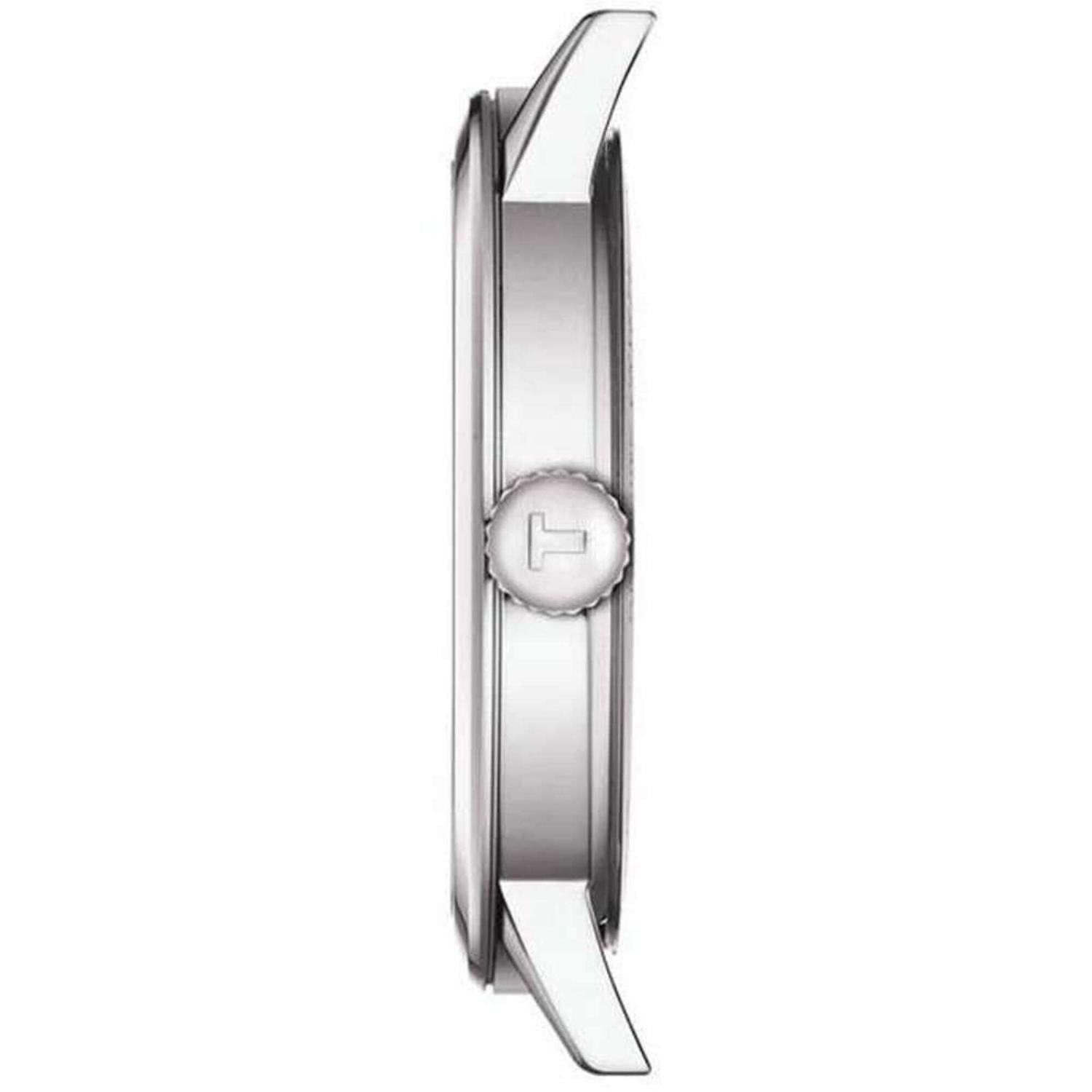 Tissot T129.410.11.053.00 side profile showing stainless steel case and signed crown detail.