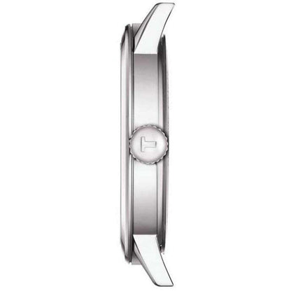 Tissot T129.410.11.053.00 side profile showing stainless steel case and signed crown detail.
