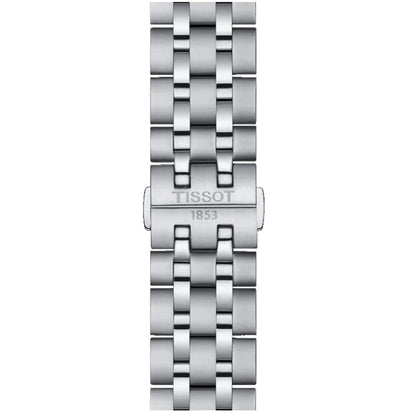 Tissot T129.410.11.053.00 stainless steel bracelet with signed Tissot clasp and brushed link design.