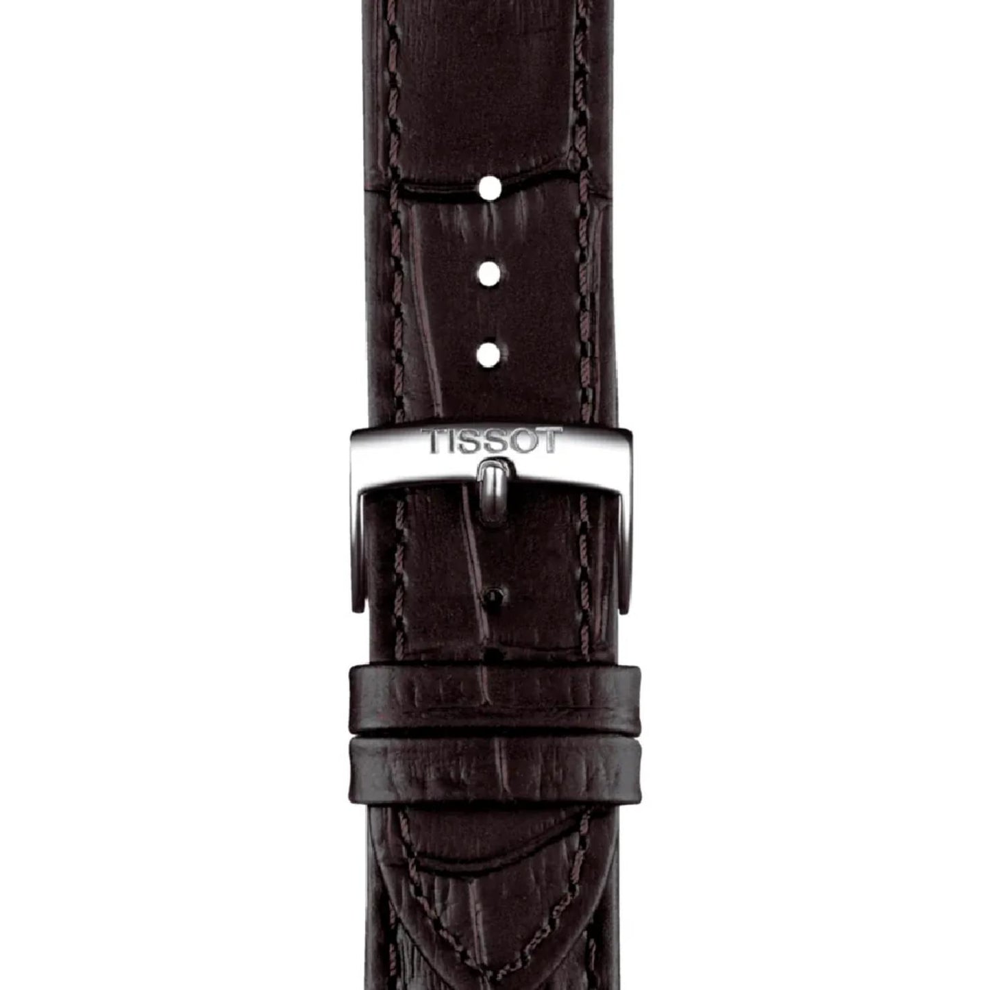 Tissot T150.410.16.031.00 brown leather strap with crocodile pattern and signed Tissot buckle detail.