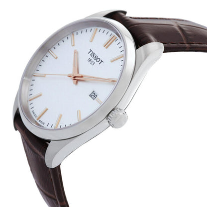 Tissot T150.410.16.031.00 side profile with stainless steel case, crown and brown leather strap.