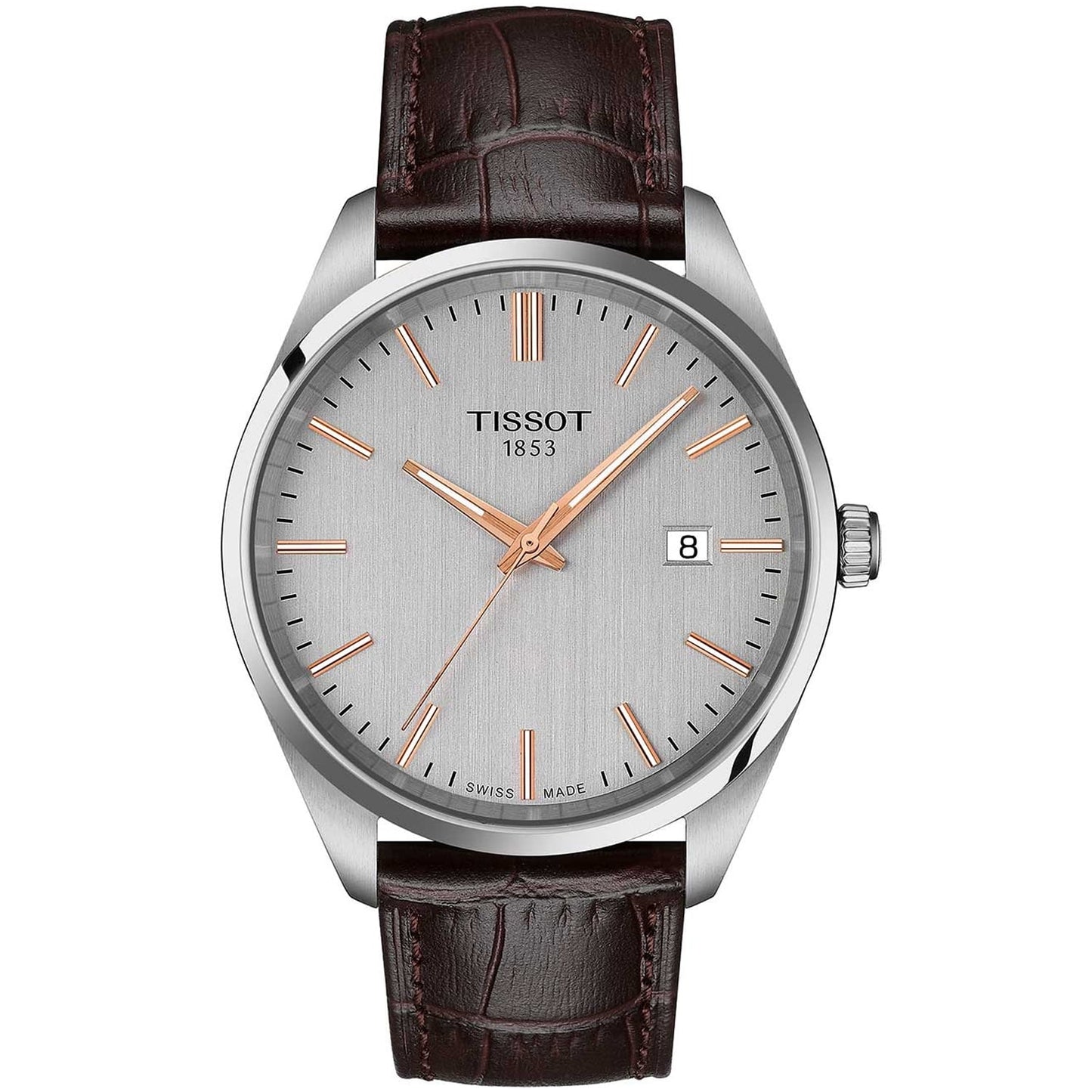 Tissot T150.410.16.031.00 quartz dress watch with silver dial, date display, stainless steel case and brown leather strap.