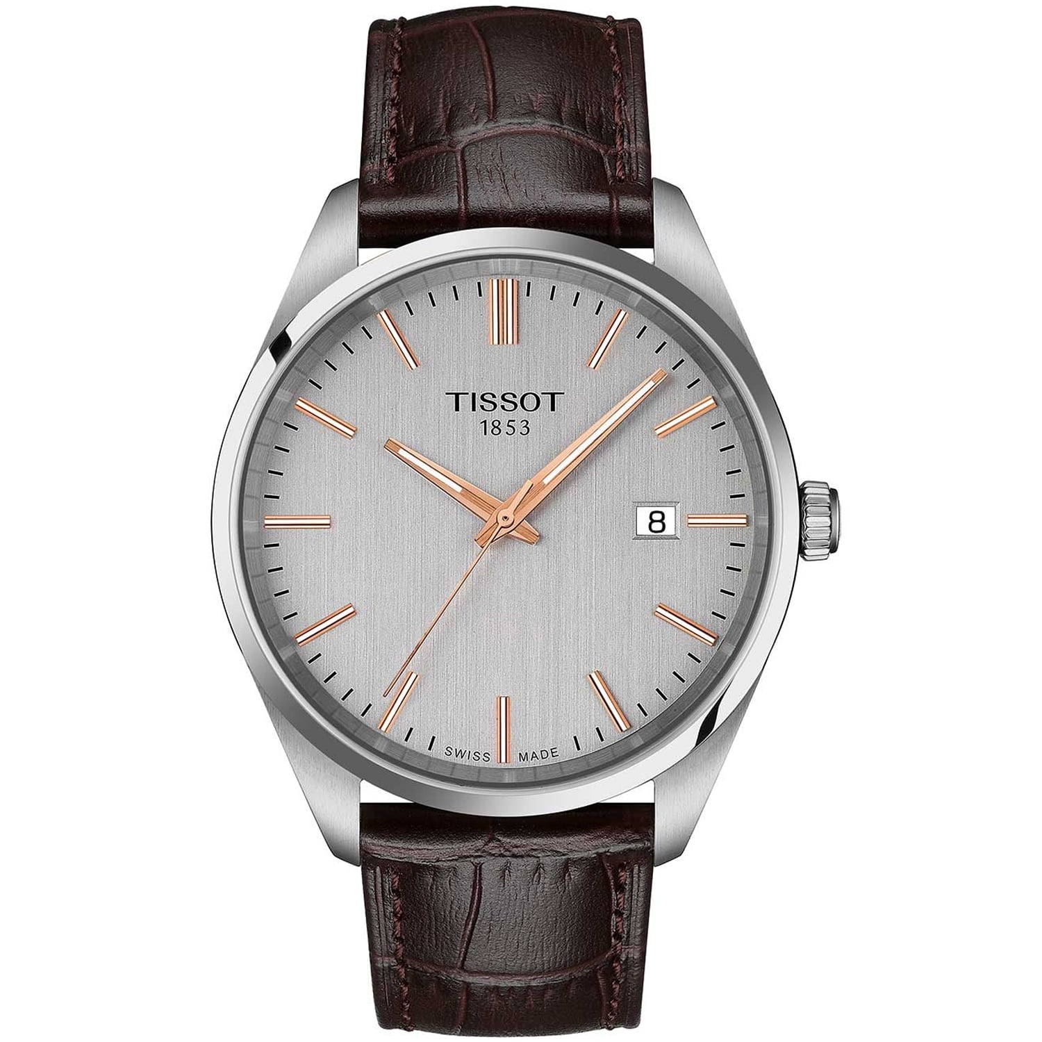 Tissot T150.410.16.031.00 quartz dress watch with silver dial, date display, stainless steel case and brown leather strap.