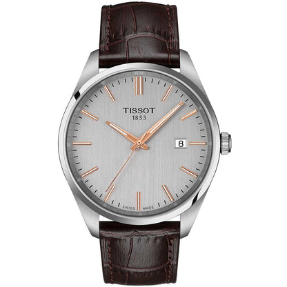 Tissot T150.410.16.031.00 quartz dress watch with silver dial, date display, stainless steel case and brown leather strap.