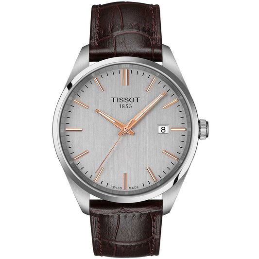 Tissot T150.410.16.031.00 quartz dress watch with silver dial, date display, stainless steel case and brown leather strap.
