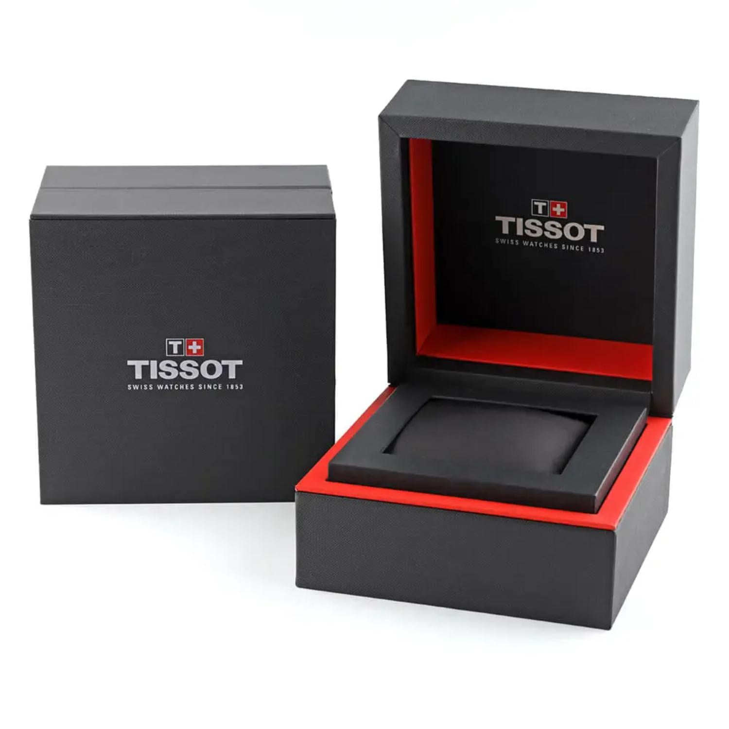 Tissot original watch box in black with red interior and branded packaging.