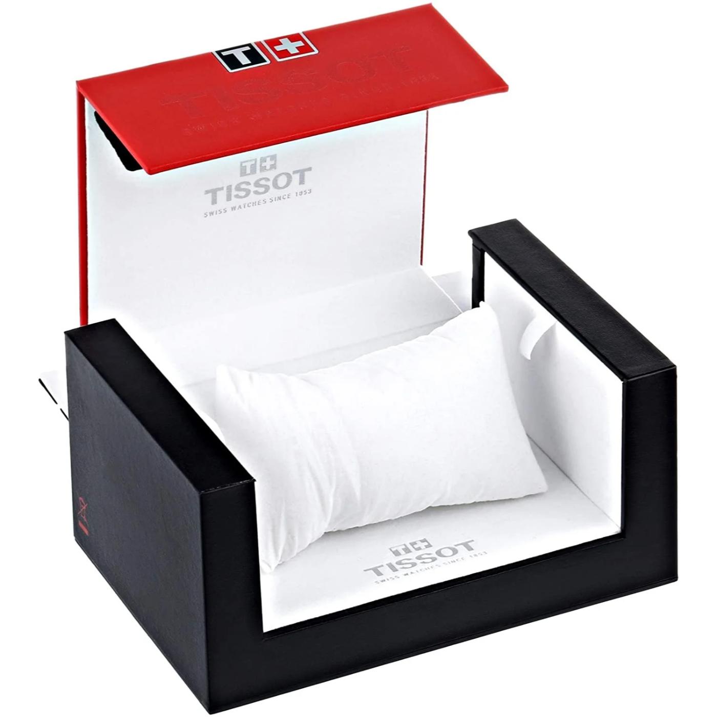 Tissot original watch box open with white interior cushion and branded packaging.