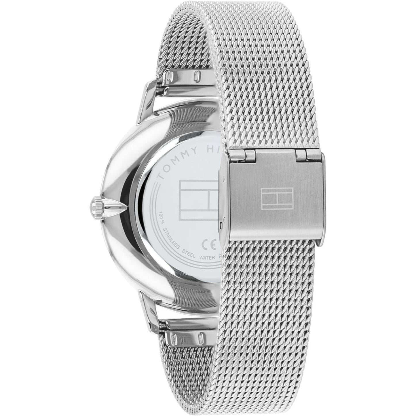 Parte trasera del reloj Tommy Hilfiger 1782244 con fondo de caja de acero inoxidable, logotipo grabado y brazalete de malla milanesa.