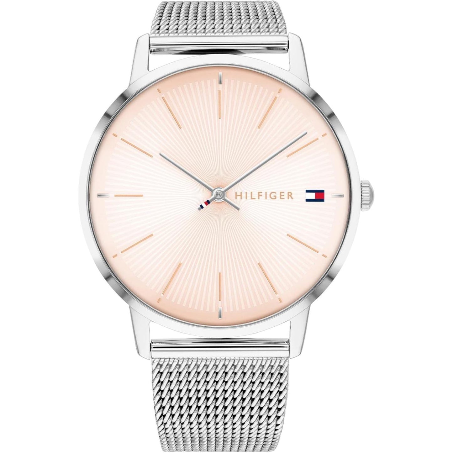 Reloj Tommy Hilfiger 1782244 para mujer con esfera rosa de diseño radial, caja de acero y brazalete de malla milanesa plateada.