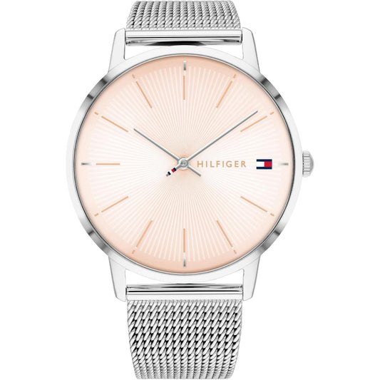 Reloj Tommy Hilfiger 1782244 para mujer con esfera rosa de diseño radial, caja de acero y brazalete de malla milanesa plateada.