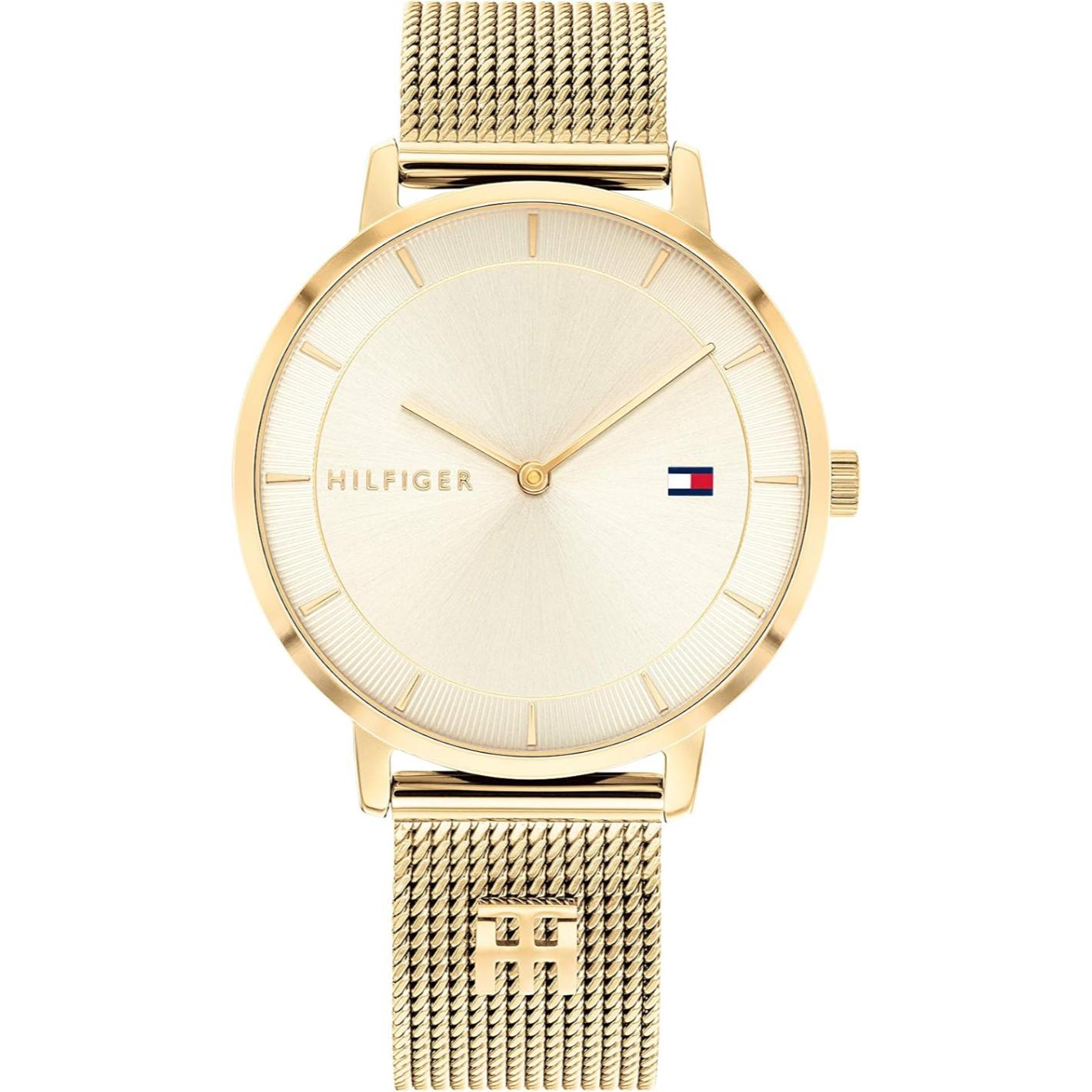 Reloj Tommy Hilfiger 1782286 para mujer en acero dorado con pulsera de malla, vista frontal.