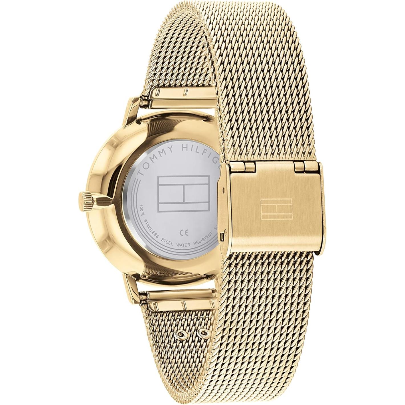Reloj Tommy Hilfiger 1782286 dorado para mujer con pulsera de malla metálica, vista trasera de la caja y cierre.