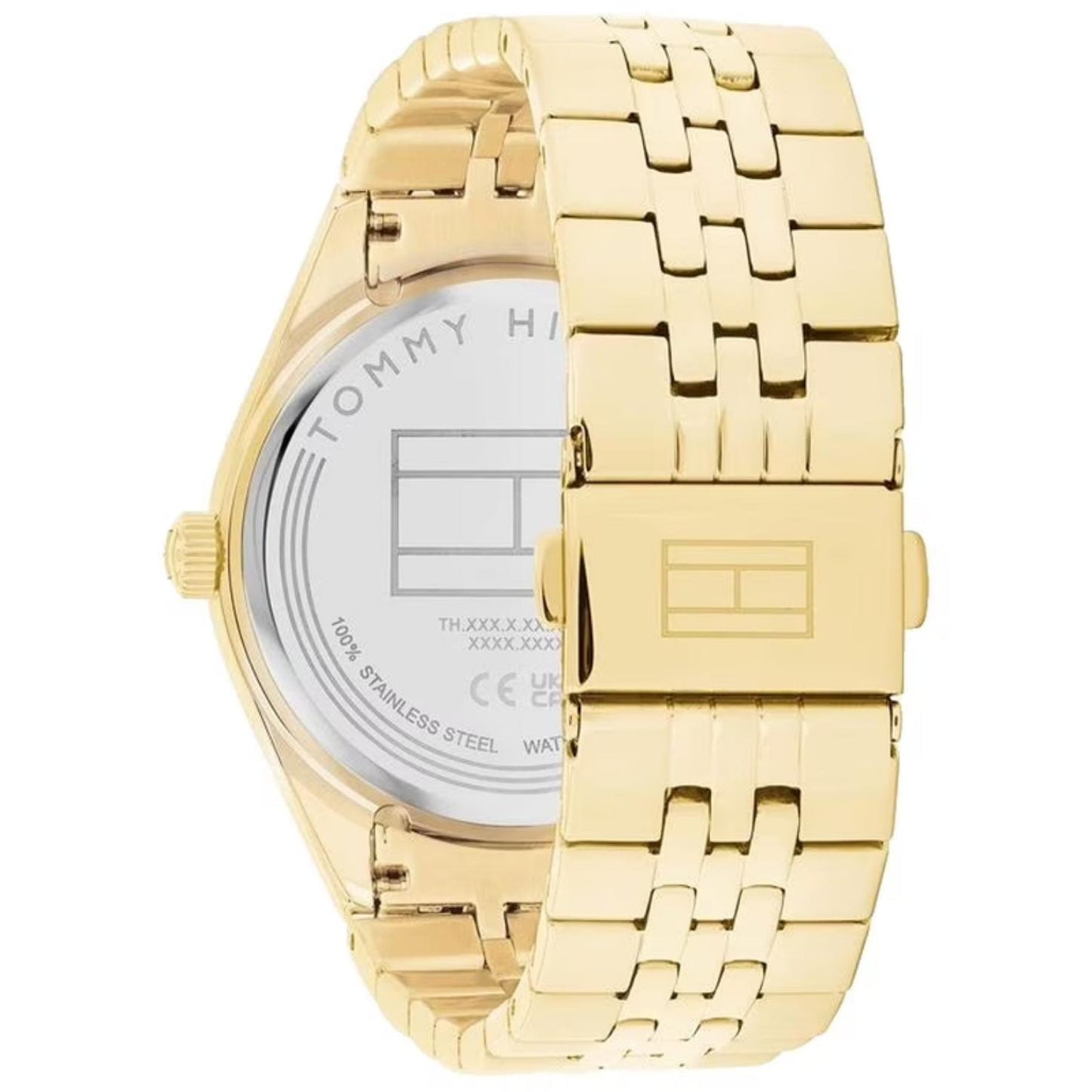 Tommy Hilfiger 1782717 rear view showing the stainless steel caseback, gold-tone stainless steel bracelet, and fold-over clasp with logo detail.