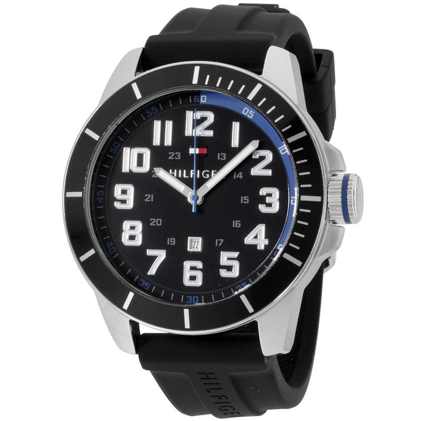 Tommy Hilfiger 179102 men’s sport watch with black dial, silver-tone case, blue accents, and black silicone strap.