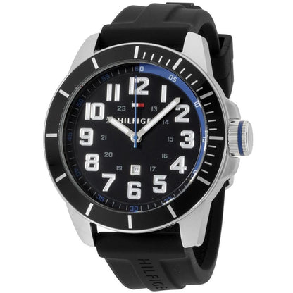 Tommy Hilfiger 179102 men’s sport watch with black dial, silver-tone case, blue accents, and black silicone strap.