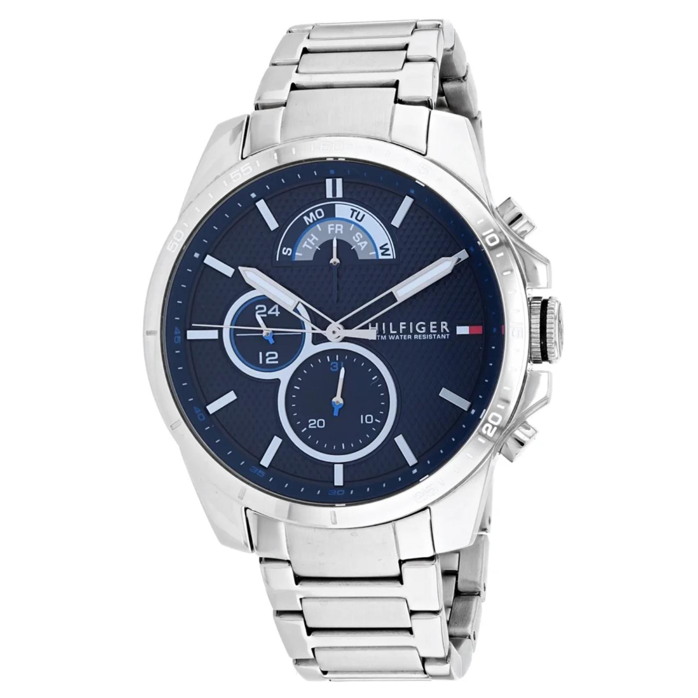 Tommy Hilfiger 1791348 chronograph watch with blue dial, subdials, stainless steel case and stainless steel bracelet.