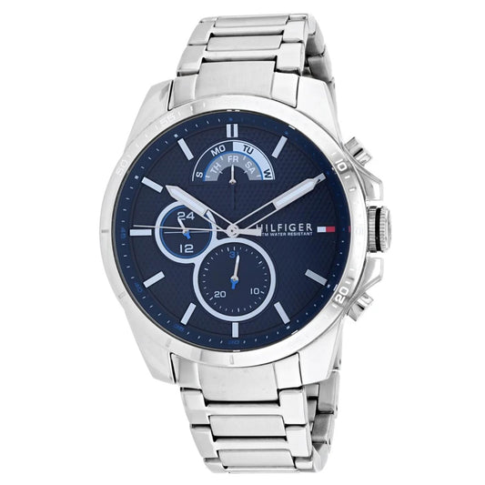 Tommy Hilfiger 1791348 chronograph watch with blue dial, subdials, stainless steel case and stainless steel bracelet.