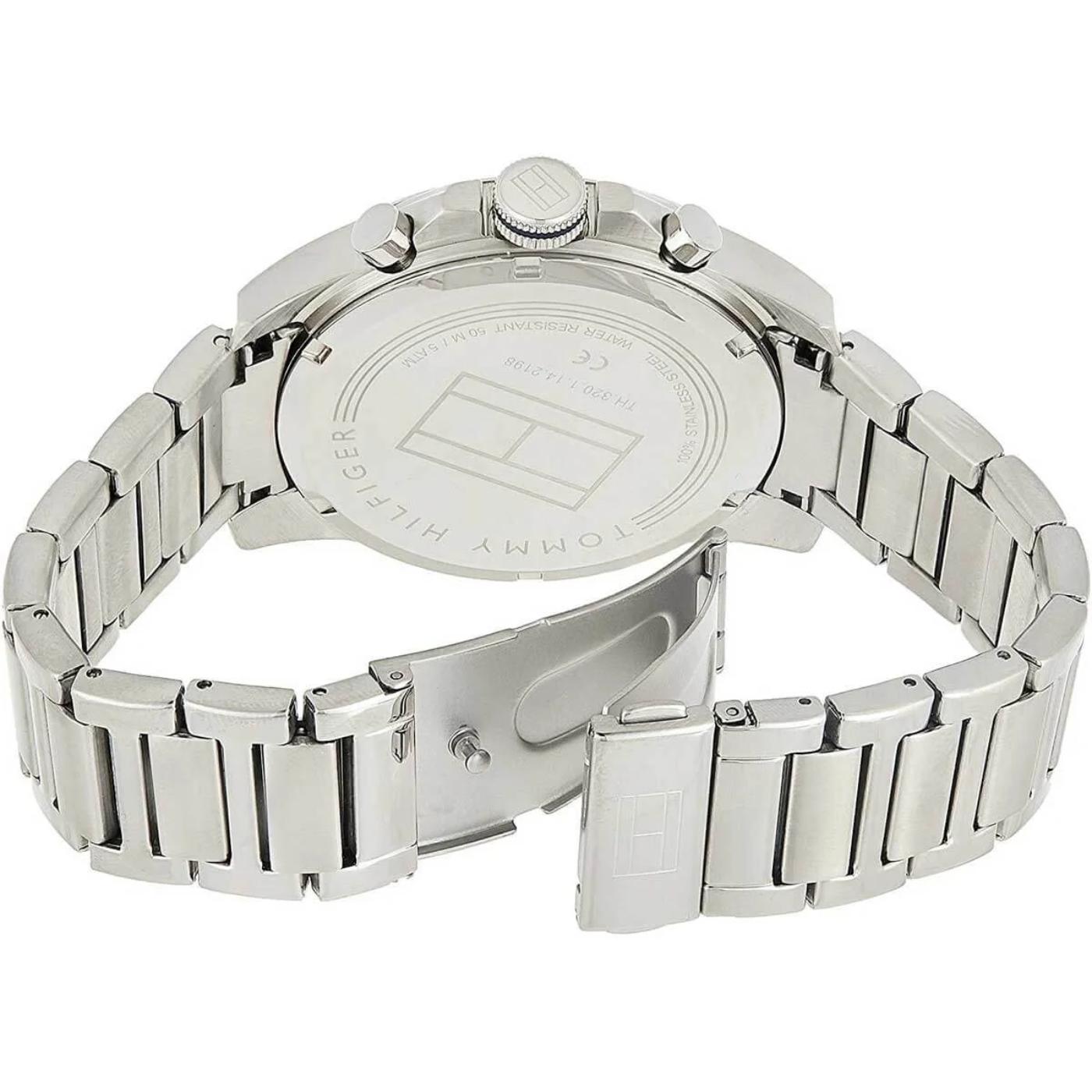 Tommy Hilfiger 1791348 with stainless steel caseback, stainless steel case and stainless steel bracelet with folding clasp.