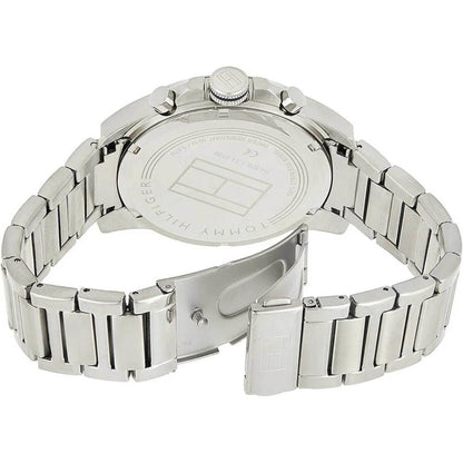 Tommy Hilfiger 1791348 with stainless steel caseback, stainless steel case and stainless steel bracelet with folding clasp.
