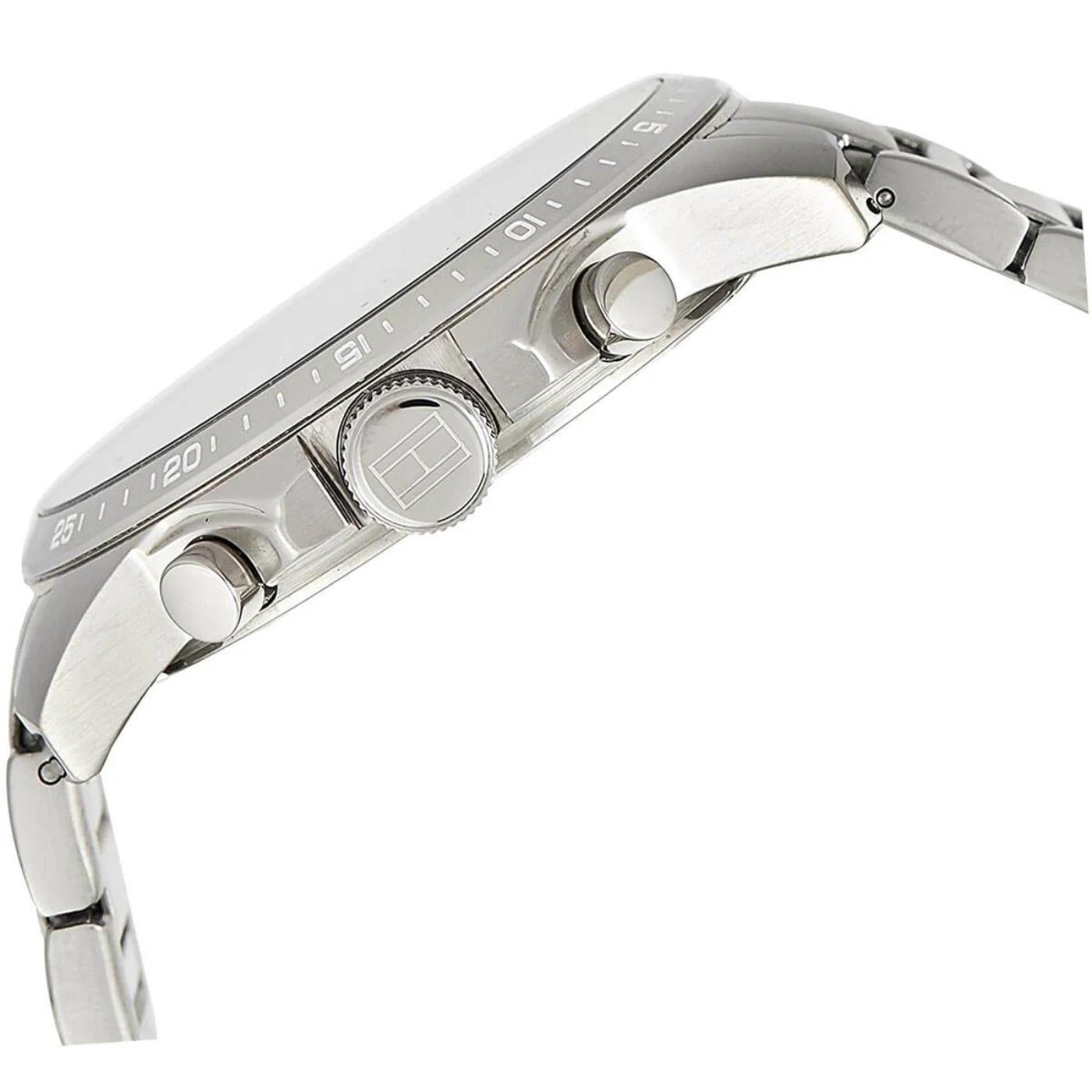 Tommy Hilfiger 1791348 side profile with stainless steel case, crown and pushers detail.
