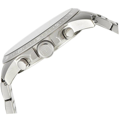 Tommy Hilfiger 1791348 side profile with stainless steel case, crown and pushers detail.