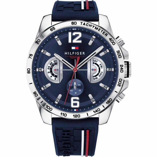 Tommy Hilfiger 1791476 multifunction sports watch with blue dial, subdials, tachymeter scale, stainless steel case and blue silicone strap.