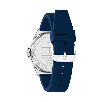 Tommy Hilfiger 1791476 with stainless steel caseback, stainless steel case and blue silicone strap with buckle.