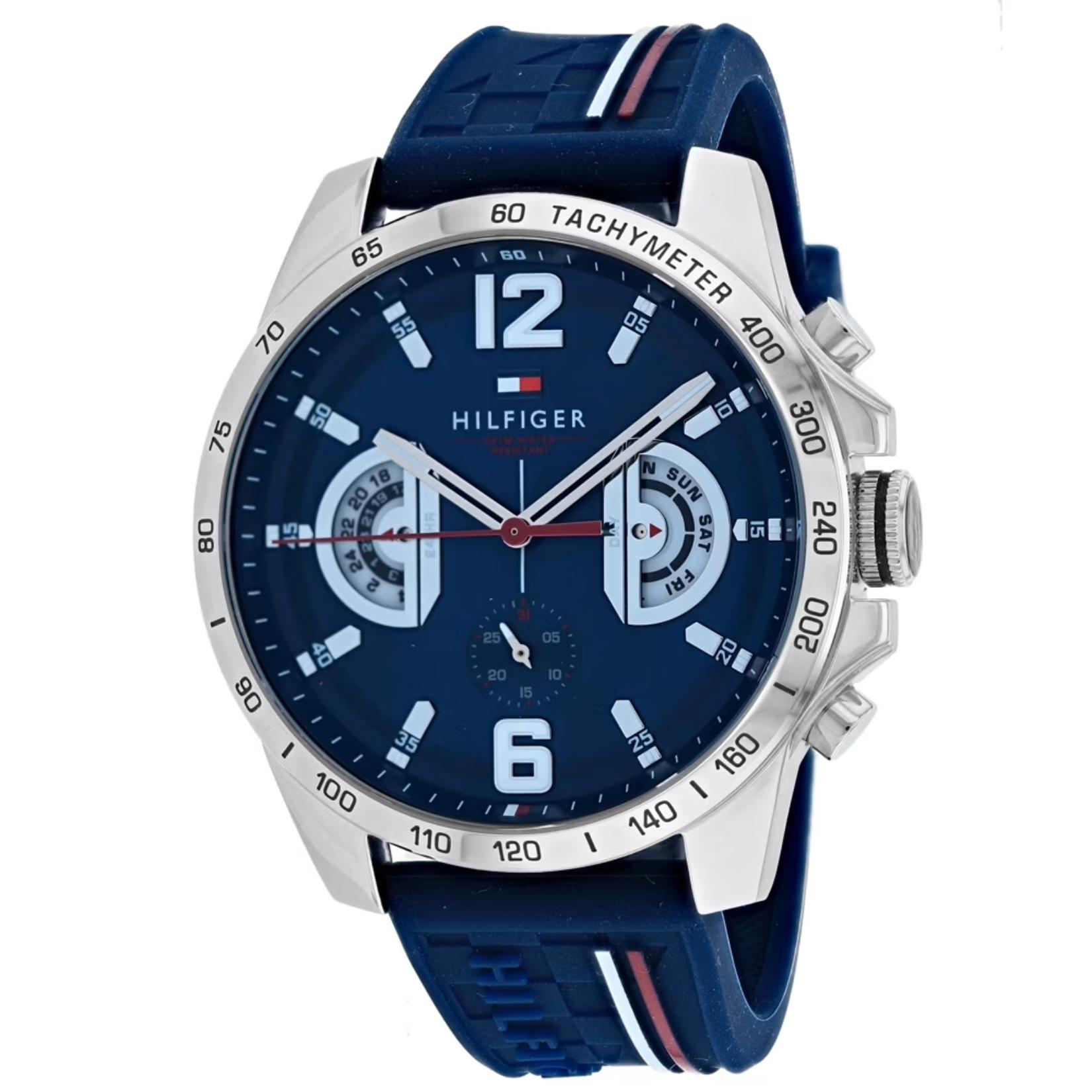 Tommy Hilfiger 1791476 multifunction sports watch with blue dial, subdials, tachymeter bezel and blue silicone strap shown in close-up.
