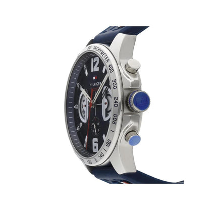 Tommy Hilfiger 1791476 side profile with stainless steel case, crown, pushers and blue silicone strap.
