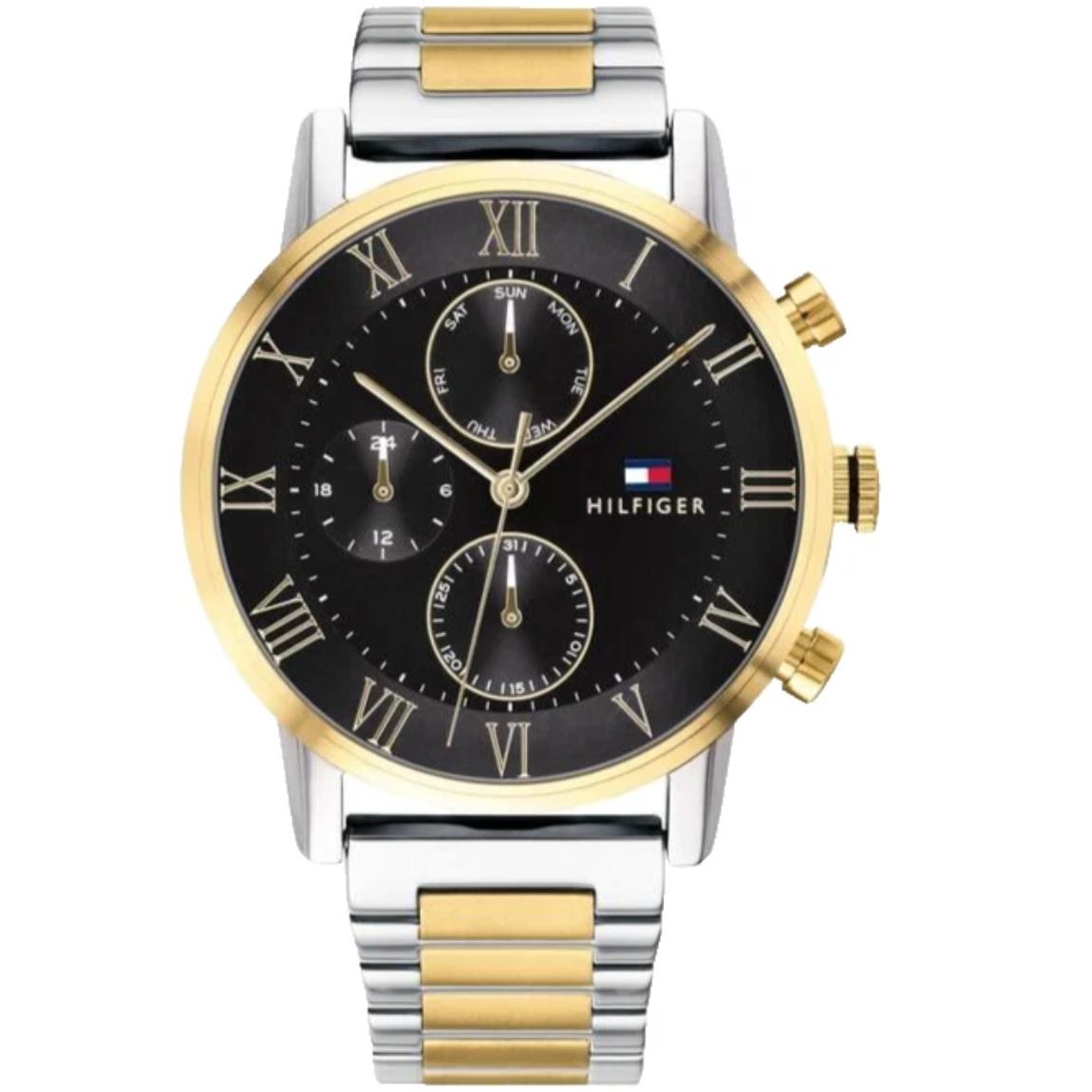 Tommy Hilfiger 1791539 chronograph watch with black dial, subdials, gold-tone bezel, two-tone stainless steel case and bracelet.