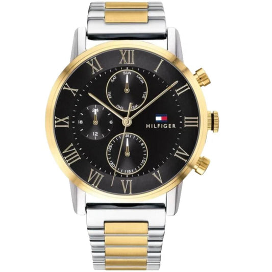 Tommy Hilfiger 1791539 chronograph watch with black dial, subdials, gold-tone bezel, two-tone stainless steel case and bracelet.