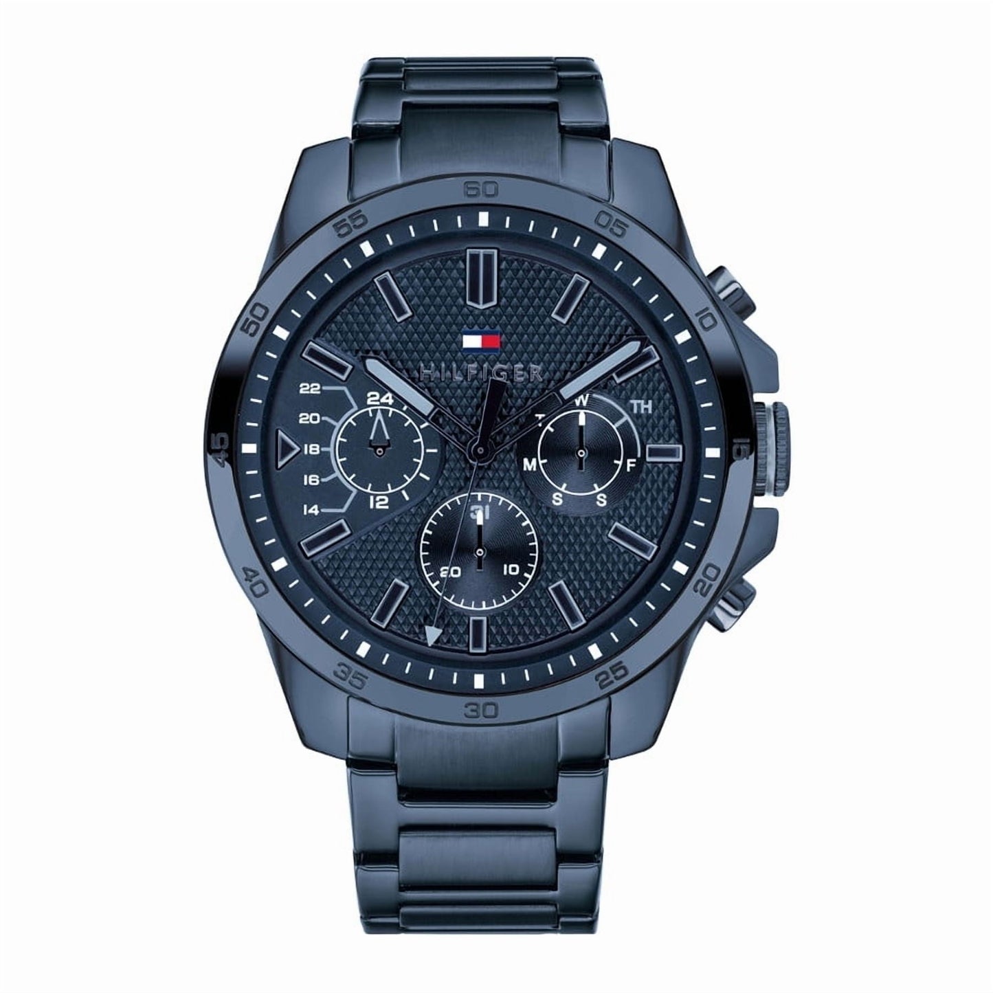 Tommy Hilfiger 1791560 men’s chronograph watch with textured blue dial, blue stainless steel case, and matching blue stainless steel bracelet.
