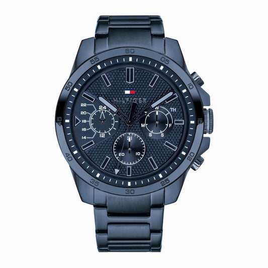 Tommy Hilfiger 1791560 men’s chronograph watch with textured blue dial, blue stainless steel case, and matching blue stainless steel bracelet.